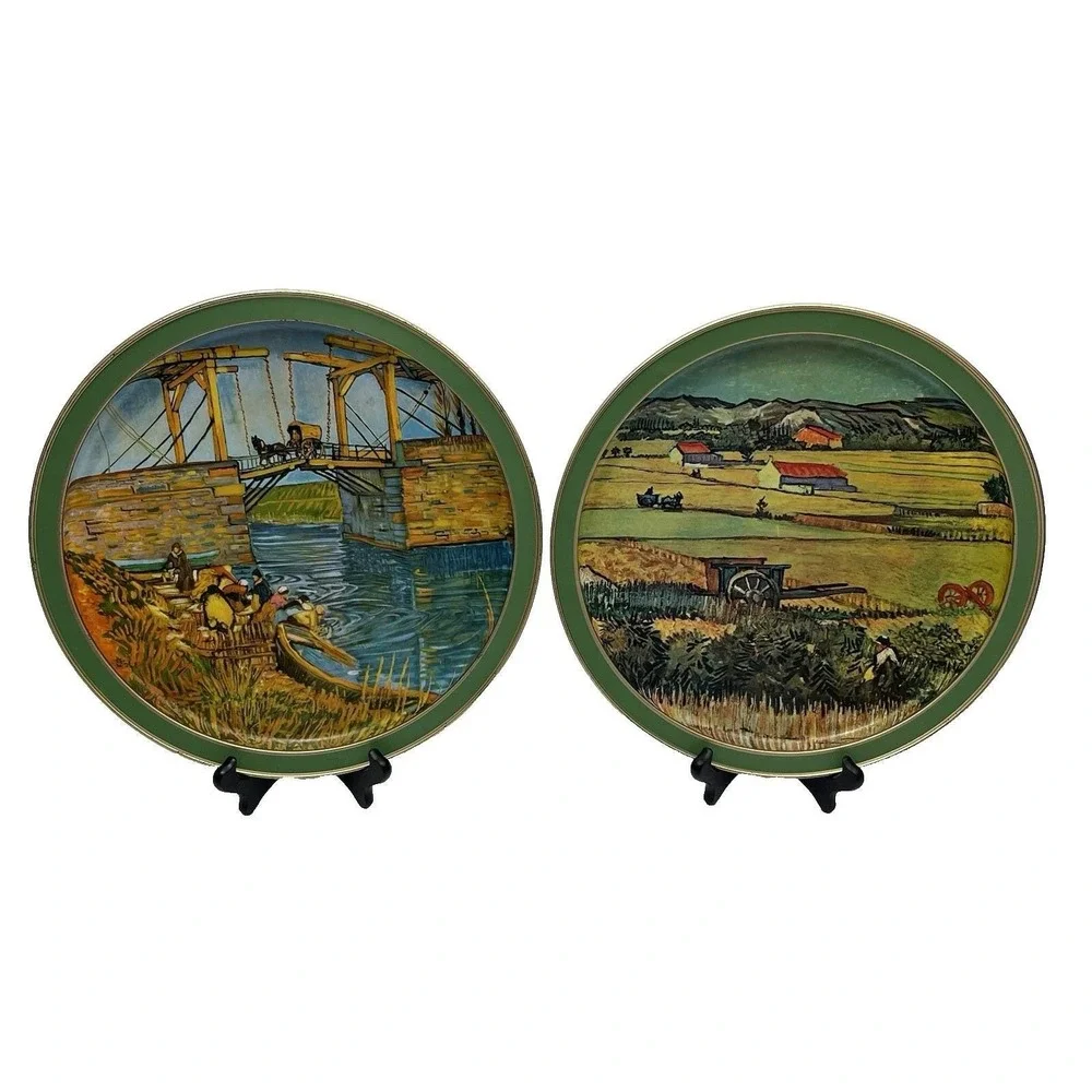 Vintage Sunshine Biscuits Tin Lid Serving Tray Set Featuring Van Gogh's Works